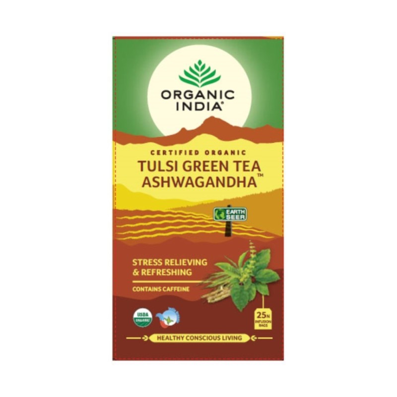 Organic India Tulsi Green Tea Ashwagandha 25N Infusion Bags- Stress
