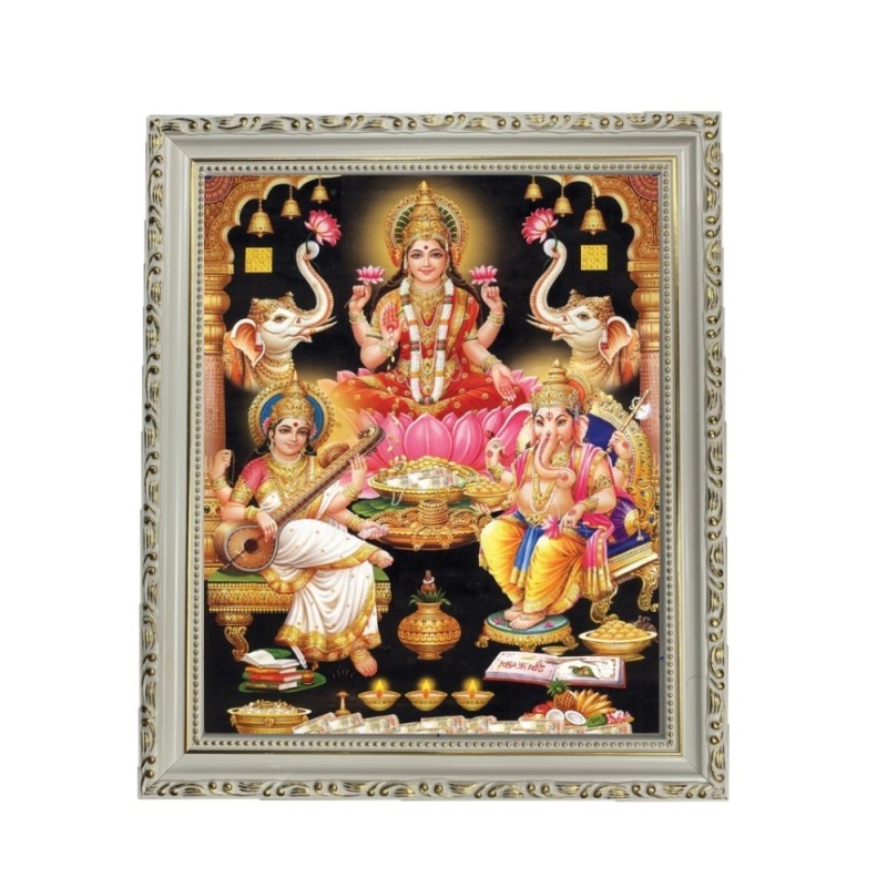 Goddess Maha Lakshmi, Ma Saraswati and Lord Ganesha Designer White